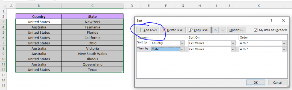 As you can see, we now have all of Australia, followed by all of the United States, but each of the states within the two are now also in alphabetical order: